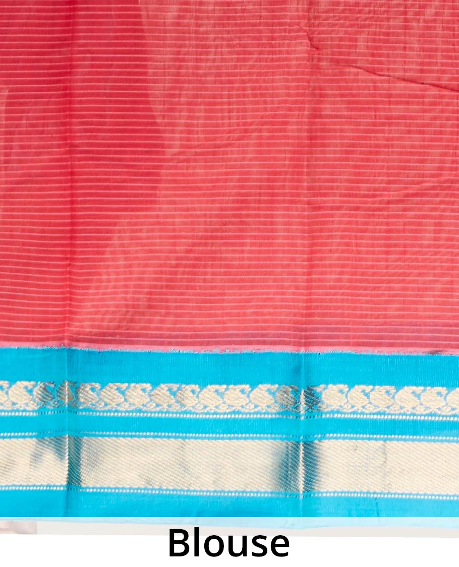 Red striped gadwal cotton saree, contrast zari border & pallu features floral design, paisley vine & stripes - Image 4