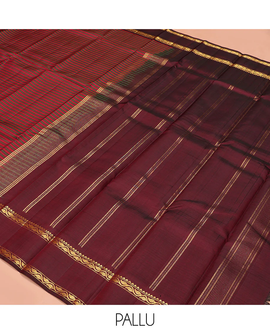 Red striped Kanchipuram silk saree, contrast rettai pettu border of rekku, muthu, and leaf creeper designs, and zari striped pallu - Image 2