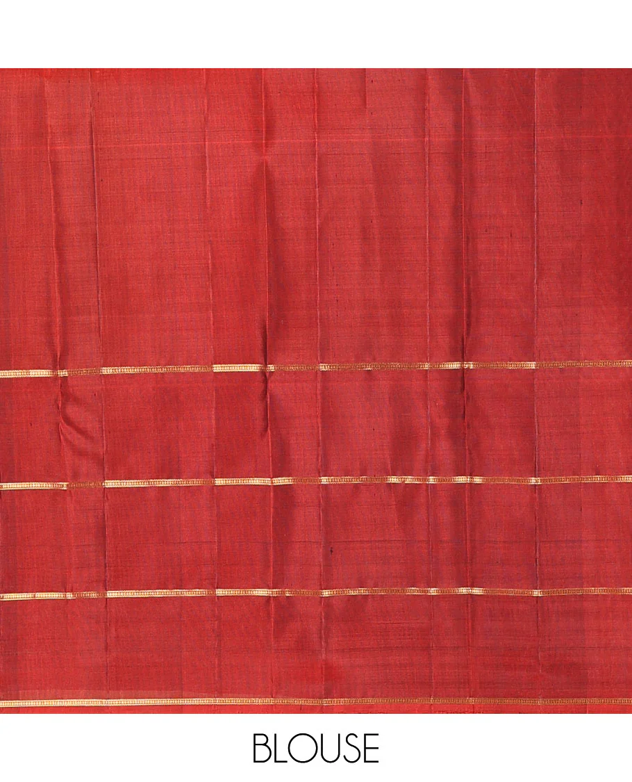 Red striped Kanchipuram silk saree, contrast rettai pettu border of rekku, muthu, and leaf creeper designs, and zari striped pallu - Image 6