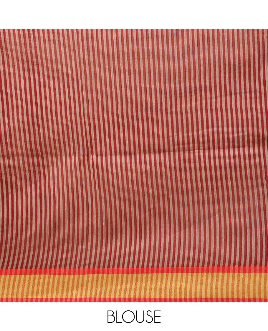 Red striped linen saree, contrast zari plain border & heathered plain pallu - Image 3