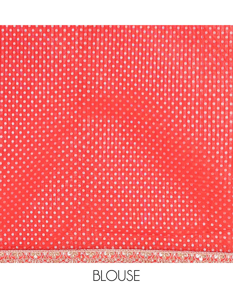 Red striped organza saree with floral embroidery scallop border & checked pallu - Image 5
