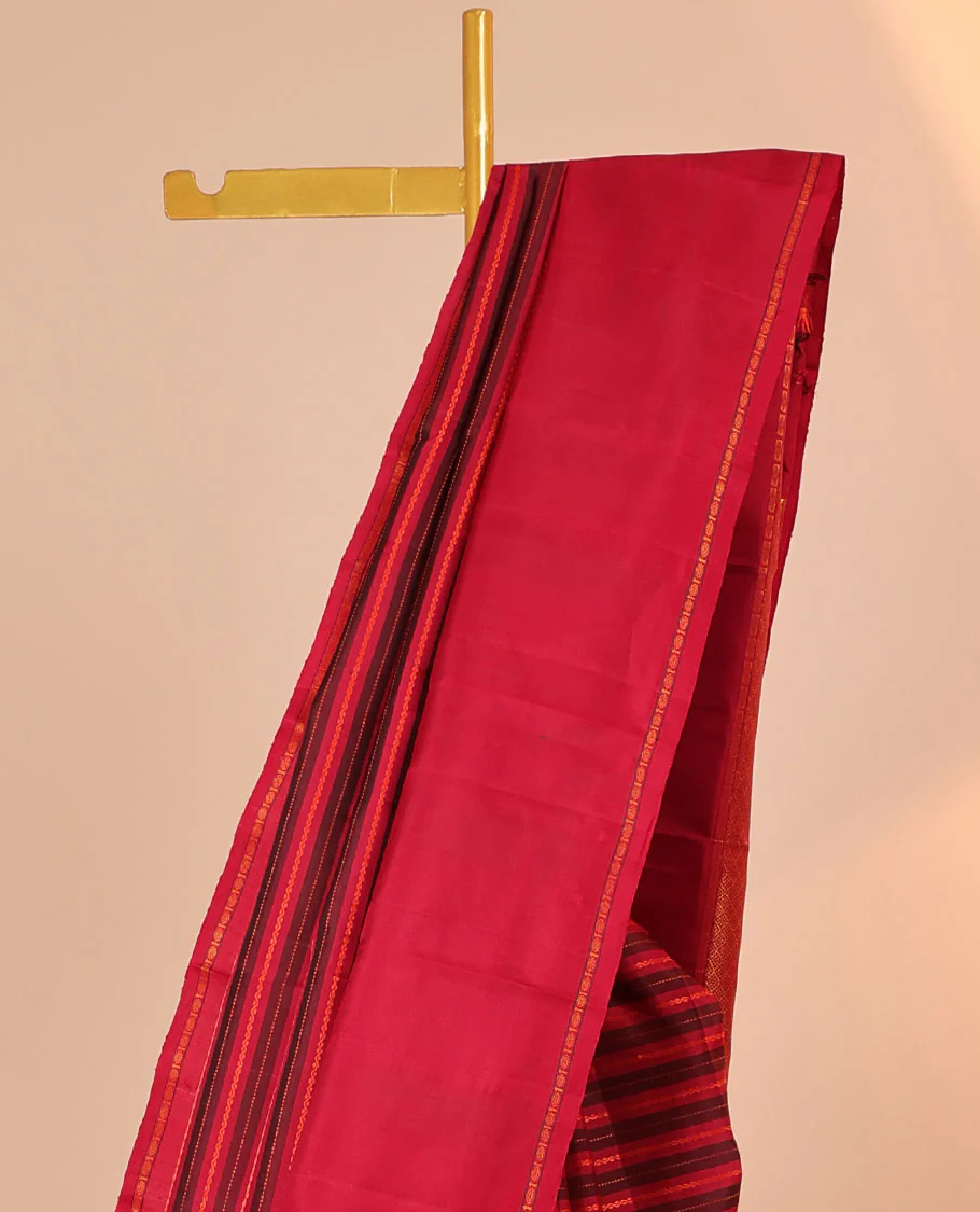 Red striped silk saree with neli & muthu stripes, rettai pettu poun border & pallu of thilakam mokku & jaal designs - Image 3