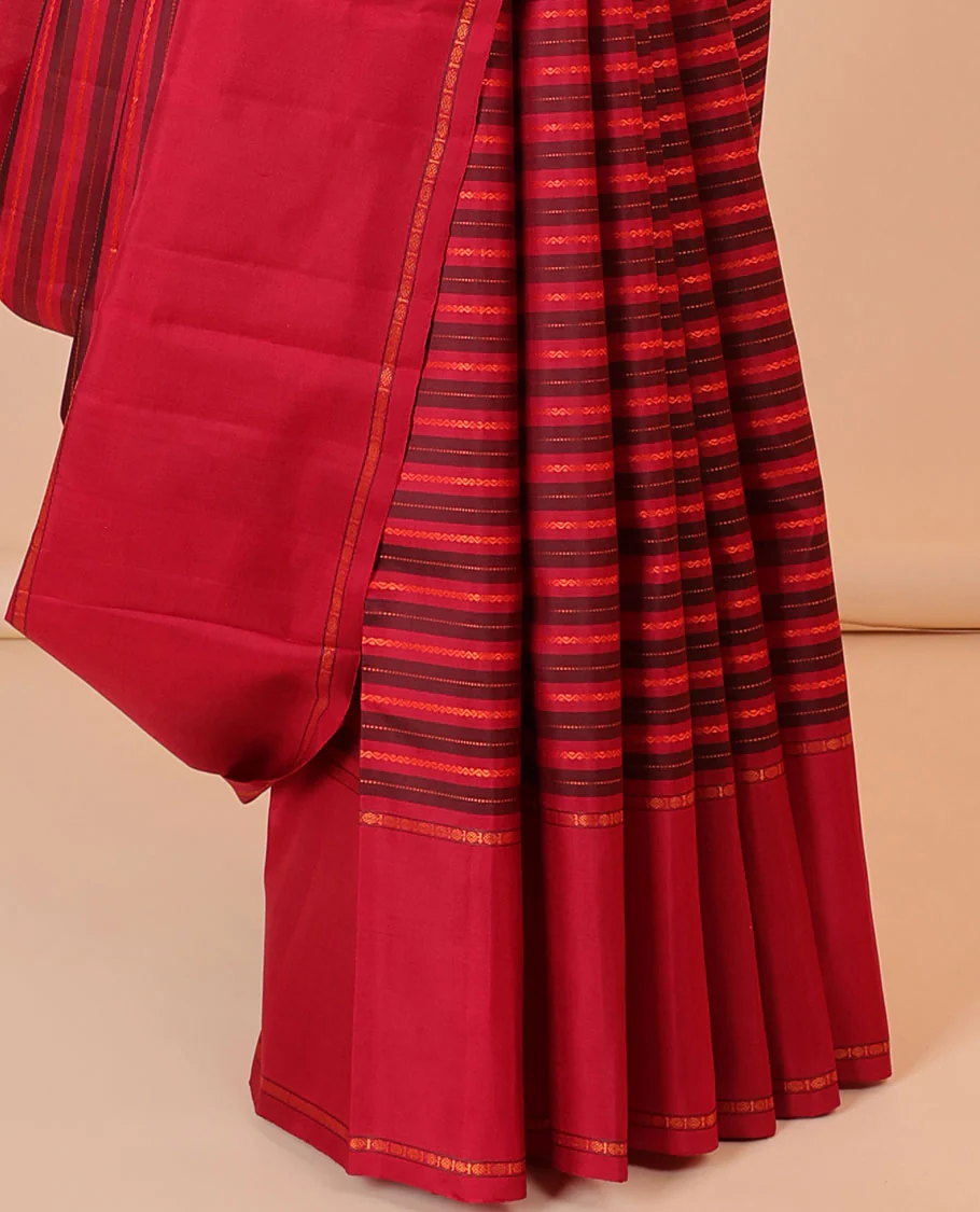 Red striped silk saree with neli & muthu stripes, rettai pettu poun border & pallu of thilakam mokku & jaal designs - Image 4
