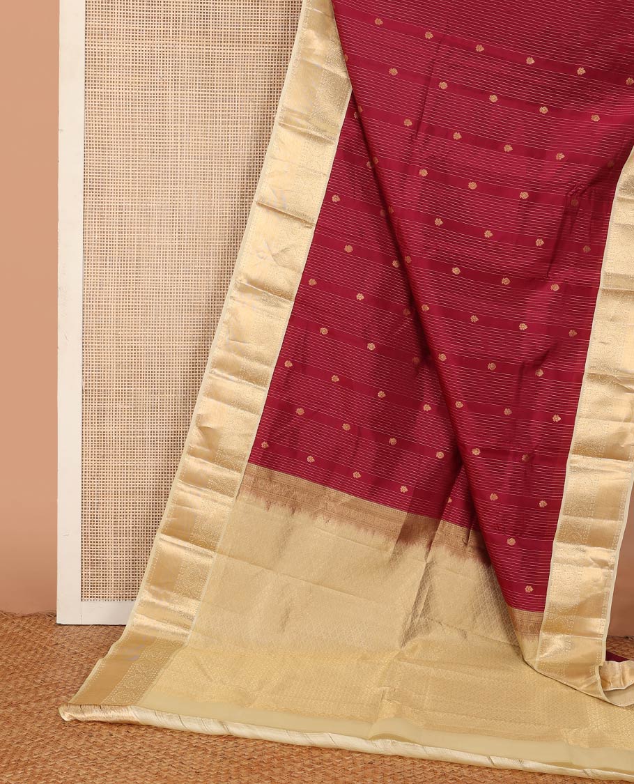 Red stripes, and buttas Vasundhara Lite Silk Mix Saree, contrast border of rekku, muthu, rudraksham, and round mayil designs, and jaal pallu - Image 3