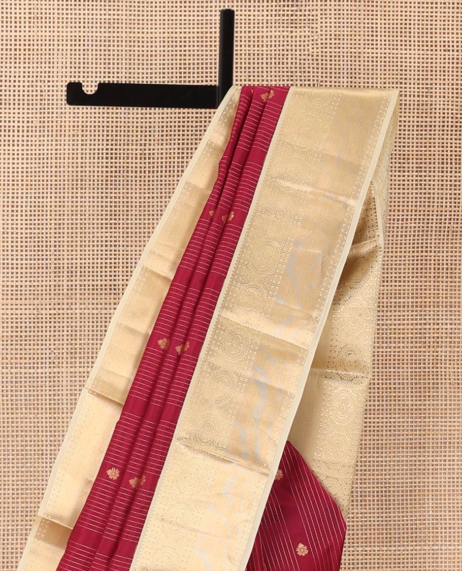 Red stripes, and buttas Vasundhara Lite Silk Mix Saree, contrast border of rekku, muthu, rudraksham, and round mayil designs, and jaal pallu - Image 4
