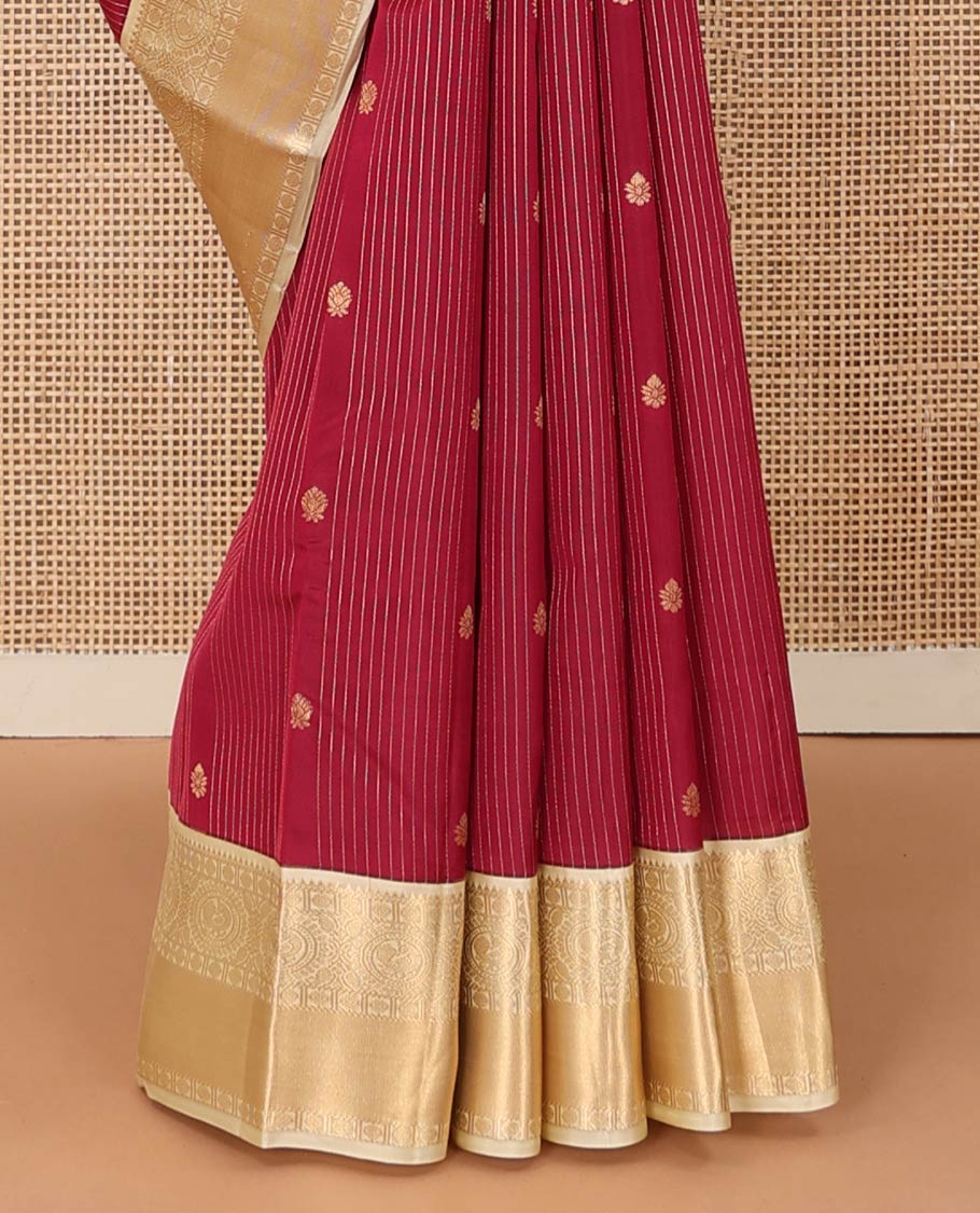 Red stripes, and buttas Vasundhara Lite Silk Mix Saree, contrast border of rekku, muthu, rudraksham, and round mayil designs, and jaal pallu - Image 5