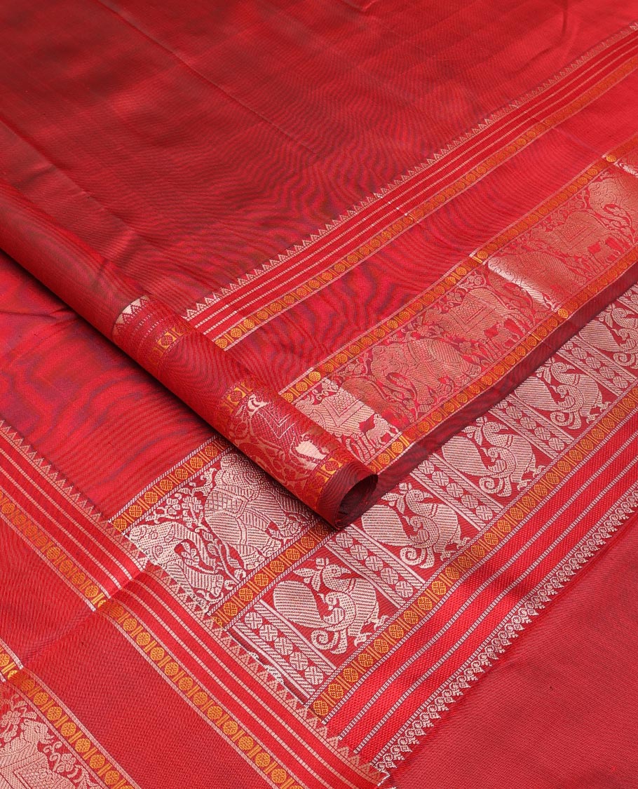 Red thread buttas Kanchipuram silk saree, rettai pettu border of rekku, rudraksham, yaanai, and Pichwai cow designs, and pallu features Vrishabha Kunjara design - Image 2