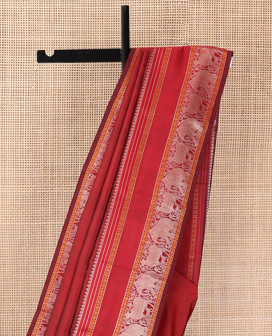 Red thread buttas Kanchipuram silk saree, rettai pettu border of rekku, rudraksham, yaanai, and Pichwai cow designs, and pallu features Vrishabha Kunjara design - Image 4