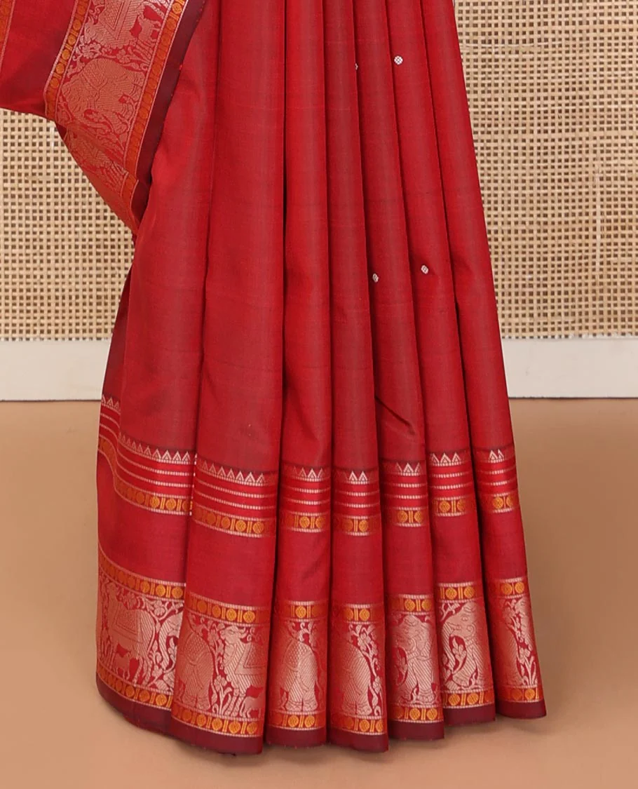 Red thread buttas Kanchipuram silk saree, rettai pettu border of rekku, rudraksham, yaanai, and Pichwai cow designs, and pallu features Vrishabha Kunjara design - Image 5