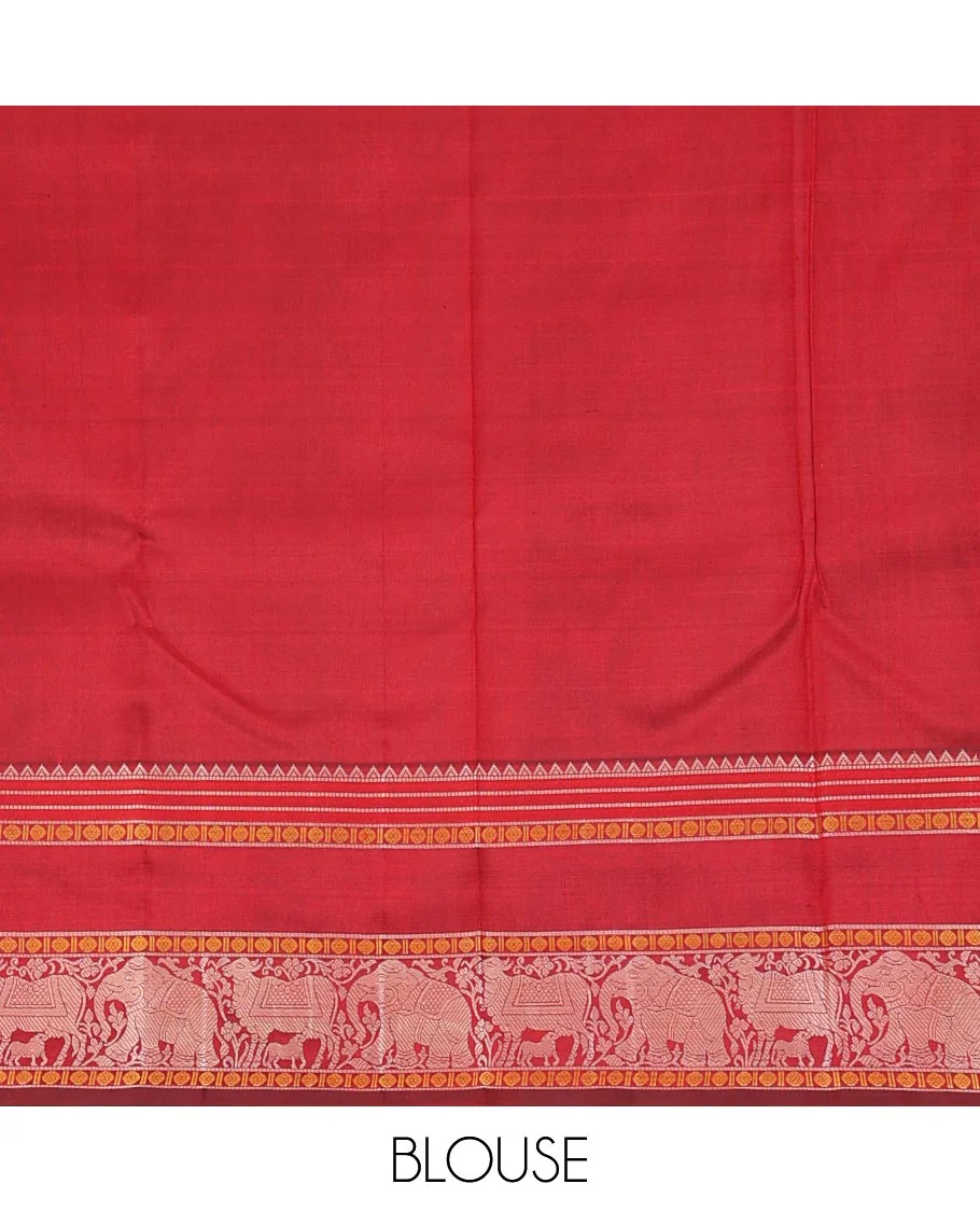 Red thread buttas Kanchipuram silk saree, rettai pettu border of rekku, rudraksham, yaanai, and Pichwai cow designs, and pallu features Vrishabha Kunjara design - Image 6