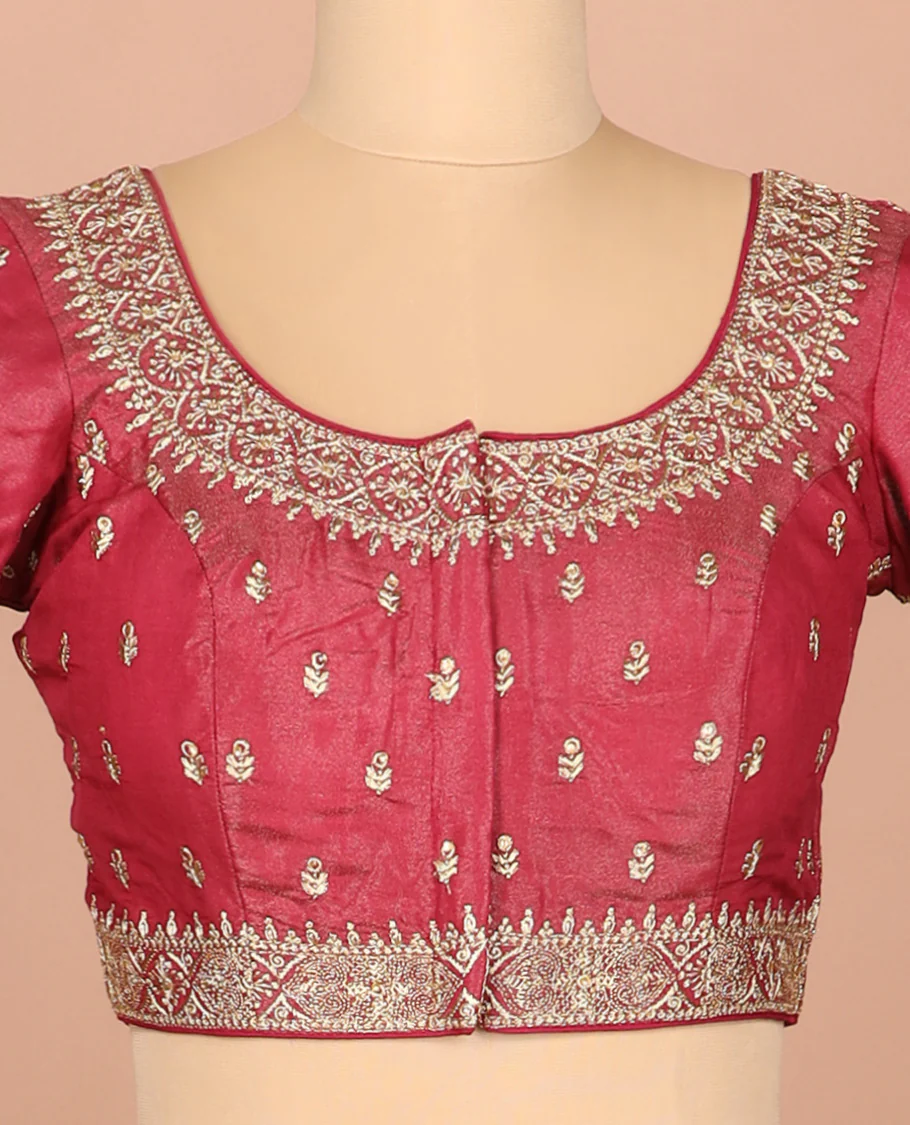 Red thread embroidered front-and-back round elbow-sleeve readymade blouse - Image 3