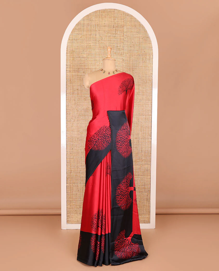 Red tree motifs digitally printed Gajji silk saree with contrast printed border of upside down tree motifs, and contrast printed blouse - Image 4
