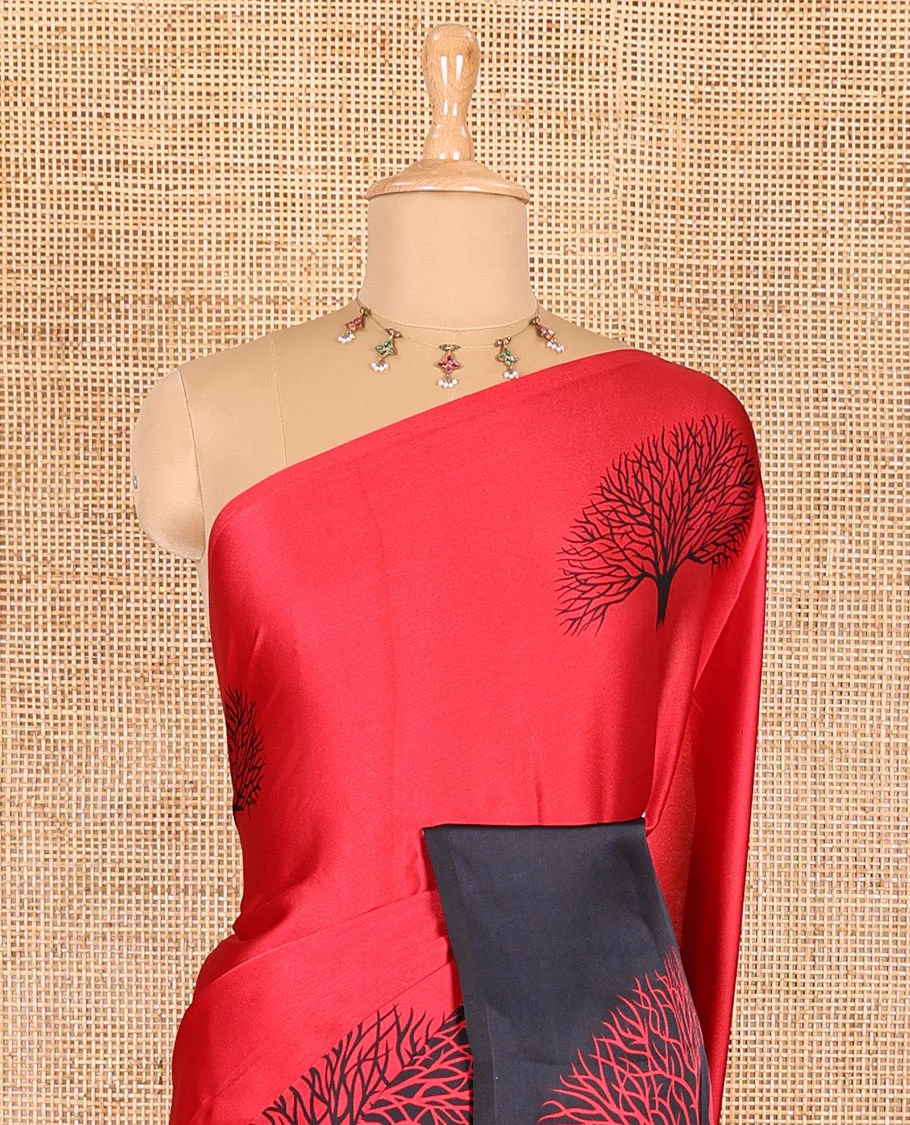 Red tree motifs digitally printed Gajji silk saree with contrast printed border of upside down tree motifs, and contrast printed blouse - Image 5