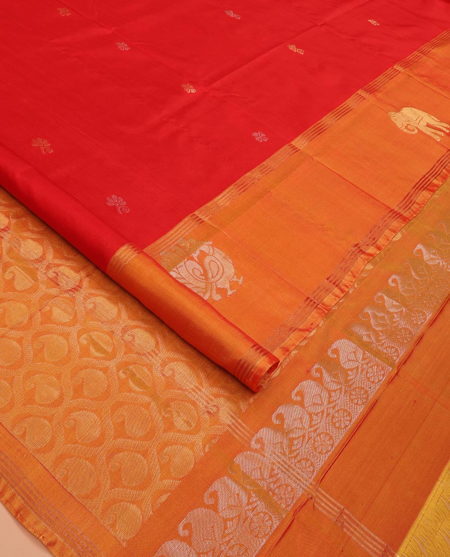 Red Uppada Silk Saree Decorated with Zari Buttas, Captivating Contrast Border Featuring Peacock and Elephant Motifs in Zari, Pallu Adorned with Paisley Butta, Enclosed Jaal Design, and Paired with a Contrast Blouse - Image 2
