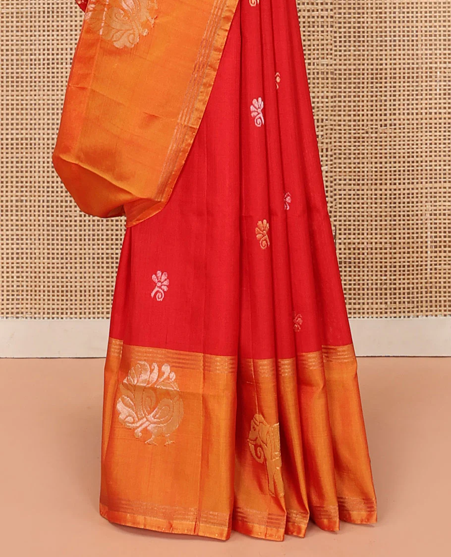 Red Uppada Silk Saree Decorated with Zari Buttas, Captivating Contrast Border Featuring Peacock and Elephant Motifs in Zari, Pallu Adorned with Paisley Butta, Enclosed Jaal Design, and Paired with a Contrast Blouse - Image 4