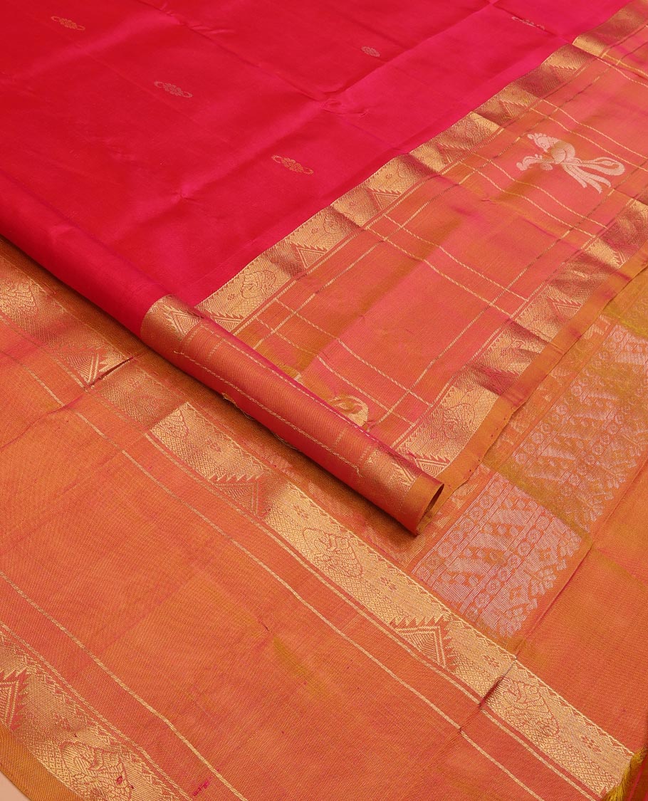 Red Uppada Silk Saree Elevated with Floral Buttas, Captivating Contrast Border of Traditional Zari Motifs and Peacock Motifs, Pallu Depicting Floral Jaal Design, and Paired with a Contrast Zari-Bordered Blouse - Image 2