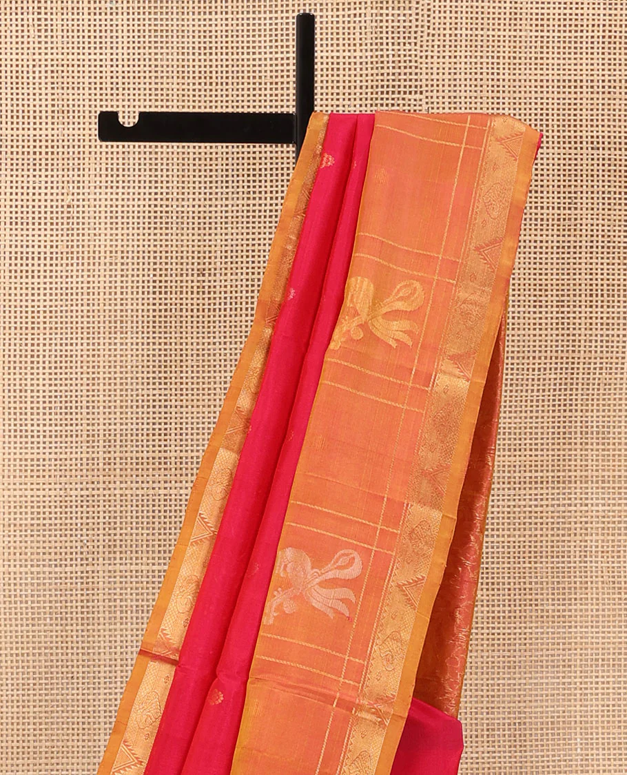 Red Uppada Silk Saree Elevated with Floral Buttas, Captivating Contrast Border of Traditional Zari Motifs and Peacock Motifs, Pallu Depicting Floral Jaal Design, and Paired with a Contrast Zari-Bordered Blouse - Image 3