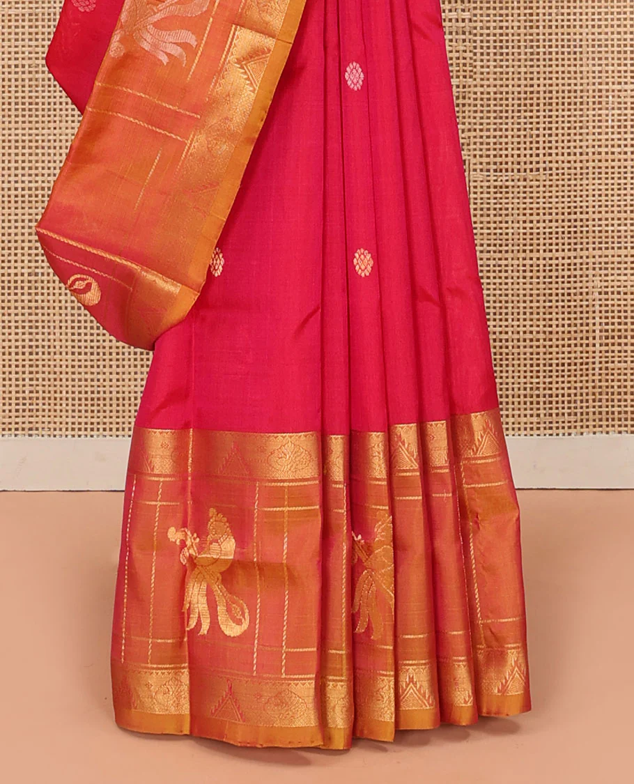 Red Uppada Silk Saree Elevated with Floral Buttas, Captivating Contrast Border of Traditional Zari Motifs and Peacock Motifs, Pallu Depicting Floral Jaal Design, and Paired with a Contrast Zari-Bordered Blouse - Image 4