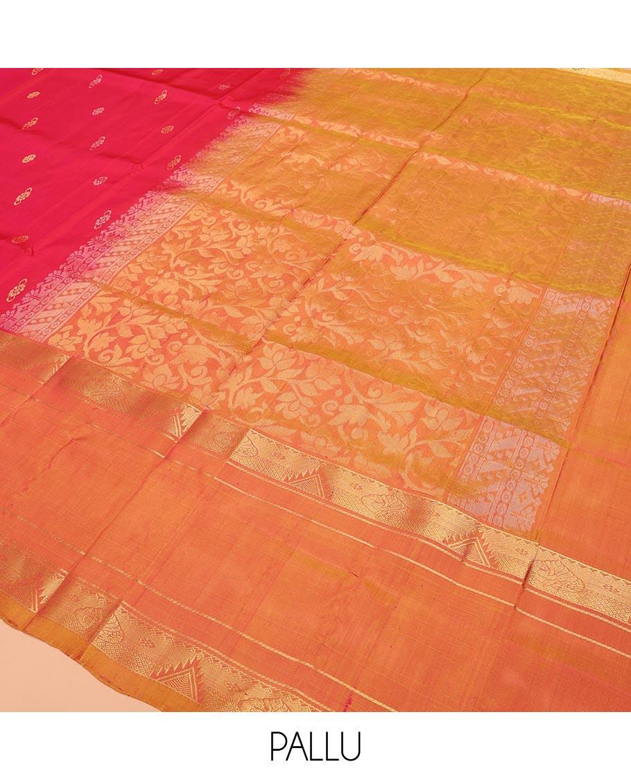 Red Uppada Silk Saree Elevated with Floral Buttas, Captivating Contrast Border of Traditional Zari Motifs and Peacock Motifs, Pallu Depicting Floral Jaal Design, and Paired with a Contrast Zari-Bordered Blouse - Image 5