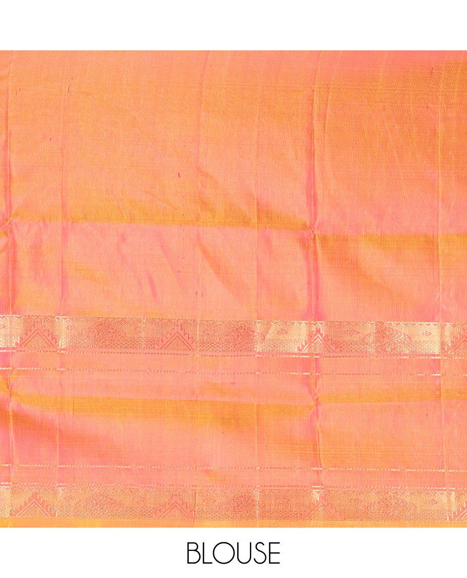 Red Uppada Silk Saree Elevated with Floral Buttas, Captivating Contrast Border of Traditional Zari Motifs and Peacock Motifs, Pallu Depicting Floral Jaal Design, and Paired with a Contrast Zari-Bordered Blouse - Image 6
