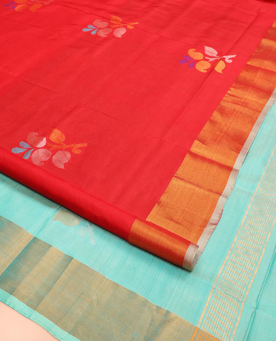 Red Uppada Silk Saree Featuring Floral Buttas, Subtle Zari Bavanji Border, Pallu Decked Up with Jamdani-Style Floral Motifs, and Paired with a Contrast Blouse - Image 2