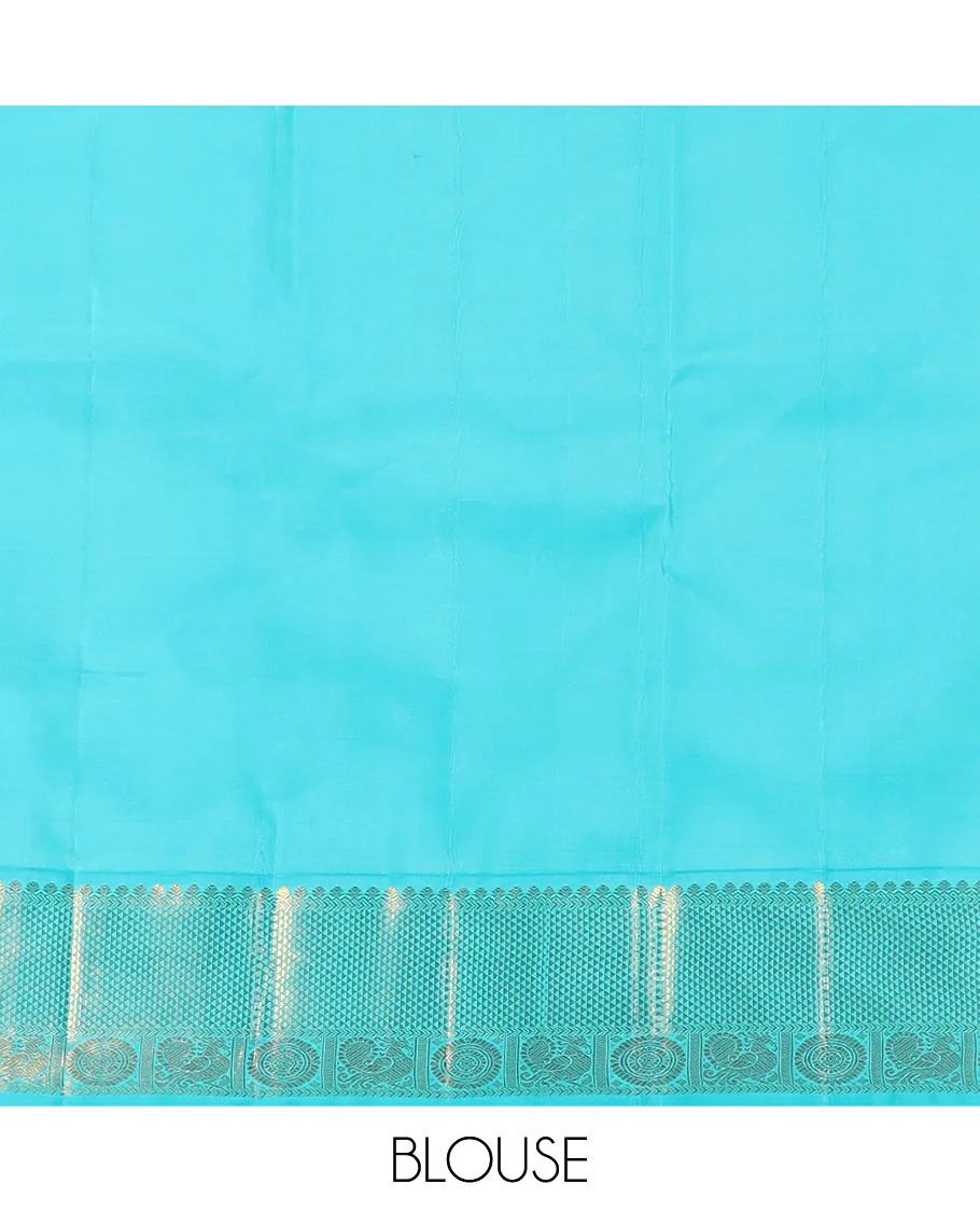 Red vanki manga buttas Kanchipuram silk saree, contrast korvai border of salngai, banaras, ara maadam, and anna chakram designs, and jaal pallu - Image 6