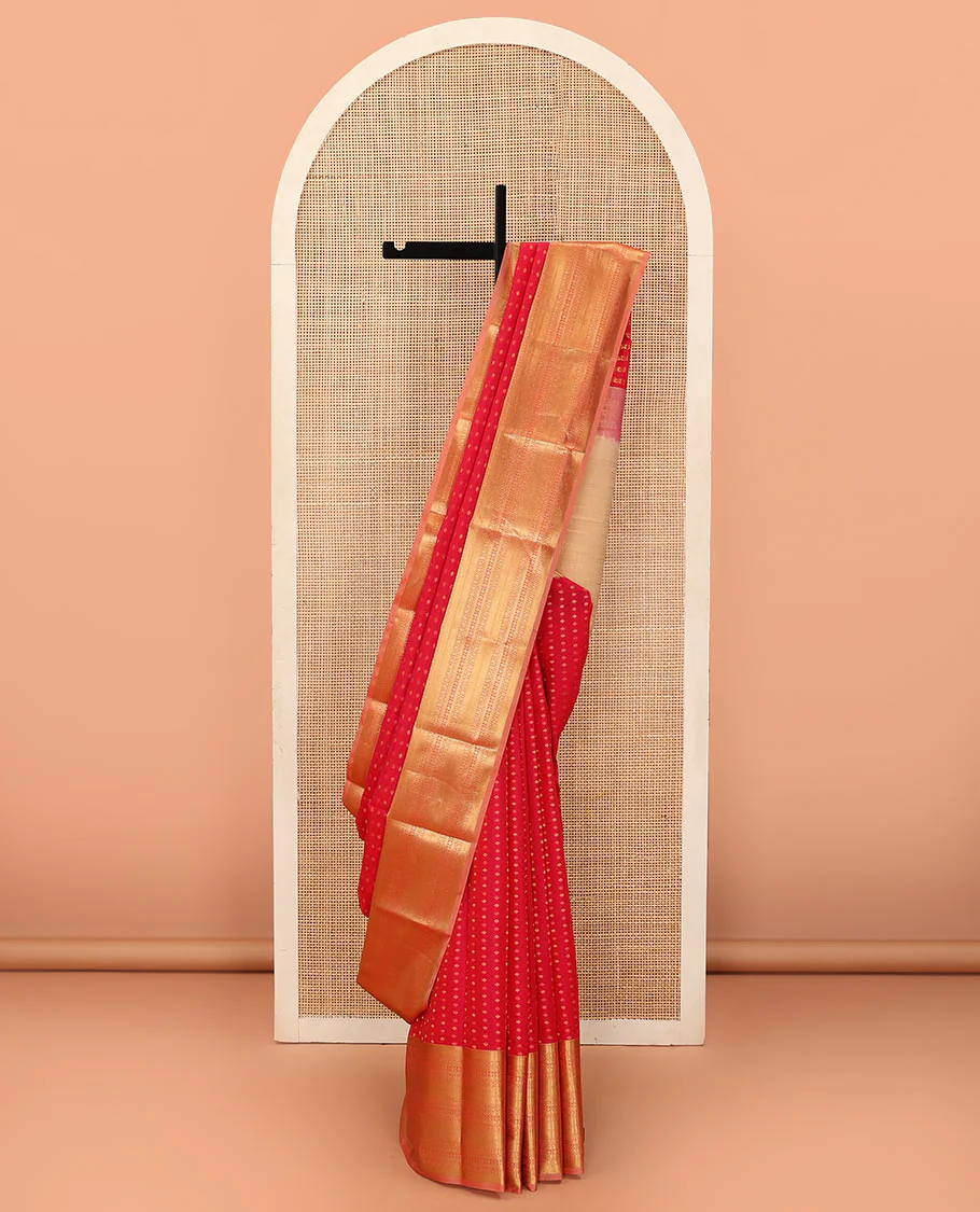 Red Vasundhara Lite Silk Mix Saree Accentuated with Zari Buttas, Featuring a Zari Border with Rekku, Paisa, Cross Kamalam, and Kathir Designs, a Delicately Zari-Woven Pallu, Paired with a Contrast Blouse