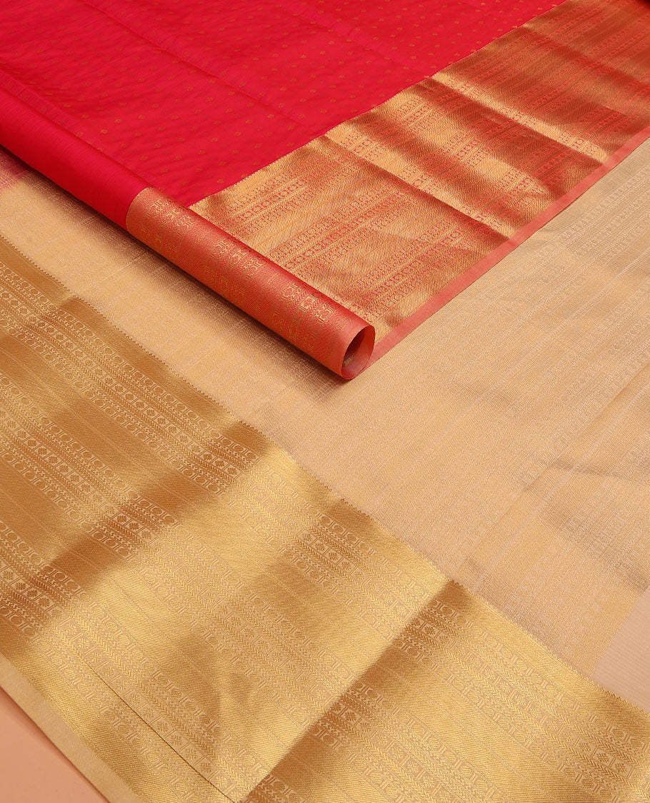 Red Vasundhara Lite Silk Mix Saree Accentuated with Zari Buttas, Featuring a Zari Border with Rekku, Paisa, Cross Kamalam, and Kathir Designs, a Delicately Zari-Woven Pallu, Paired with a Contrast Blouse - Image 2