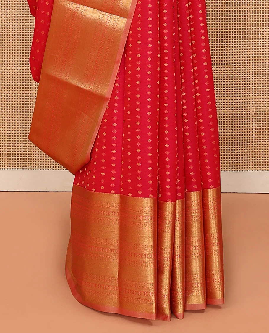Red Vasundhara Lite Silk Mix Saree Accentuated with Zari Buttas, Featuring a Zari Border with Rekku, Paisa, Cross Kamalam, and Kathir Designs, a Delicately Zari-Woven Pallu, Paired with a Contrast Blouse - Image 4