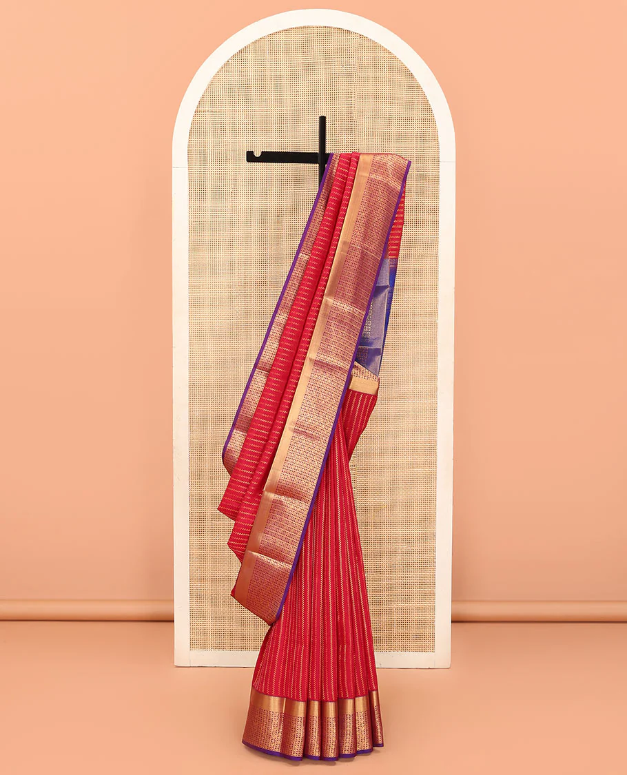 Red Vasundhara Lite Silk Mix Saree Decked with Neli Stripes, Contrast Border of Rekku and Butta Enclosed Checks, Pallu Mirrors Butta Enclosed Checks, and a Contrast Blouse