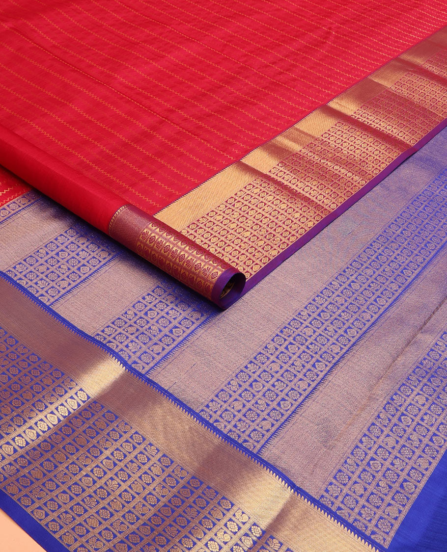 Red Vasundhara Lite Silk Mix Saree Decked with Neli Stripes, Contrast Border of Rekku and Butta Enclosed Checks, Pallu Mirrors Butta Enclosed Checks, and a Contrast Blouse - Image 2