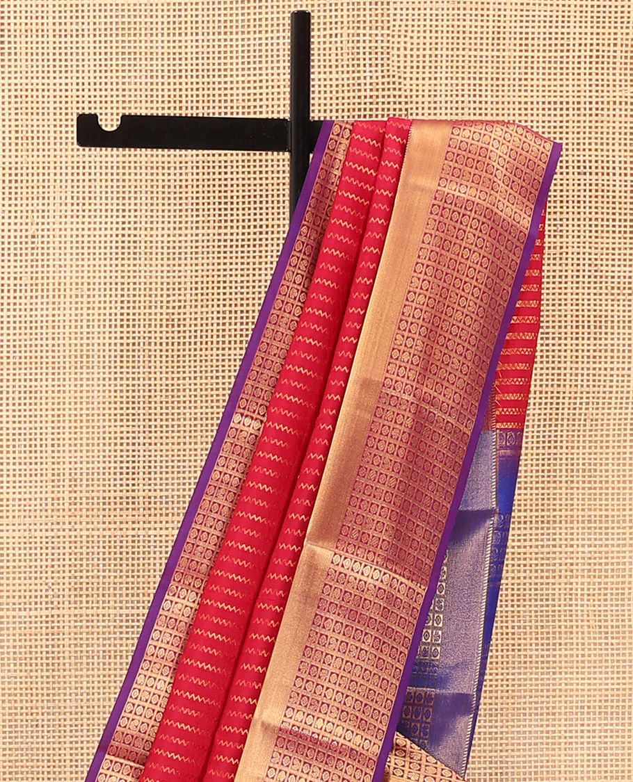 Red Vasundhara Lite Silk Mix Saree Decked with Neli Stripes, Contrast Border of Rekku and Butta Enclosed Checks, Pallu Mirrors Butta Enclosed Checks, and a Contrast Blouse - Image 3