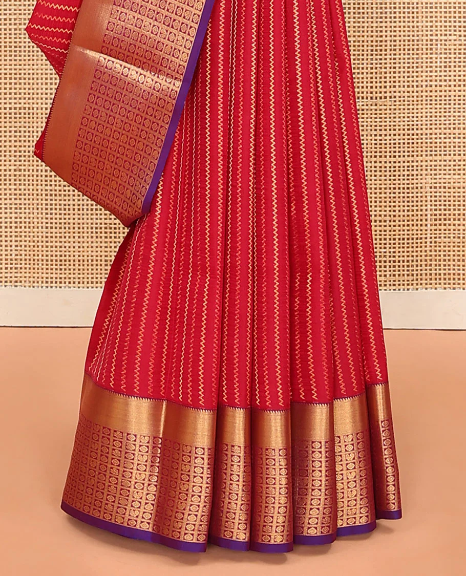 Red Vasundhara Lite Silk Mix Saree Decked with Neli Stripes, Contrast Border of Rekku and Butta Enclosed Checks, Pallu Mirrors Butta Enclosed Checks, and a Contrast Blouse - Image 4