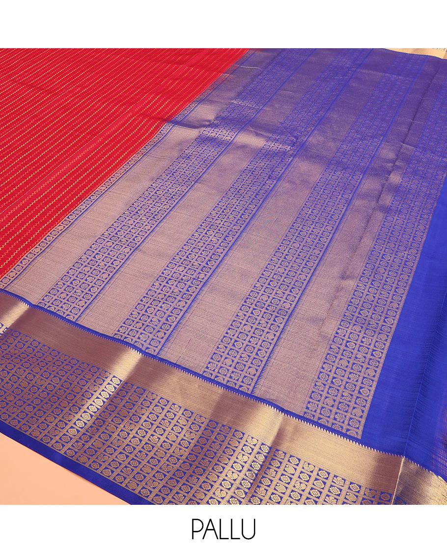 Red Vasundhara Lite Silk Mix Saree Decked with Neli Stripes, Contrast Border of Rekku and Butta Enclosed Checks, Pallu Mirrors Butta Enclosed Checks, and a Contrast Blouse - Image 5