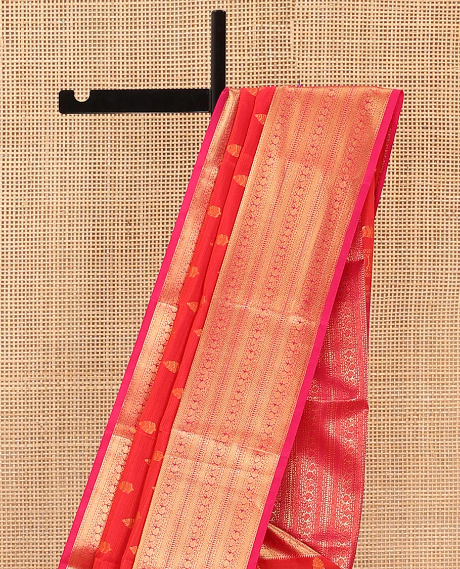 Red Vasundhara Lite Silk Mix Saree Embellished with Zari Buttas, Featuring a Contrast Border with Rekku, Neli, Manga, and Mayil Designs, with the Pallu Mirroring the Same Border Motifs, Paired with a Contrast Blouse - Image 3