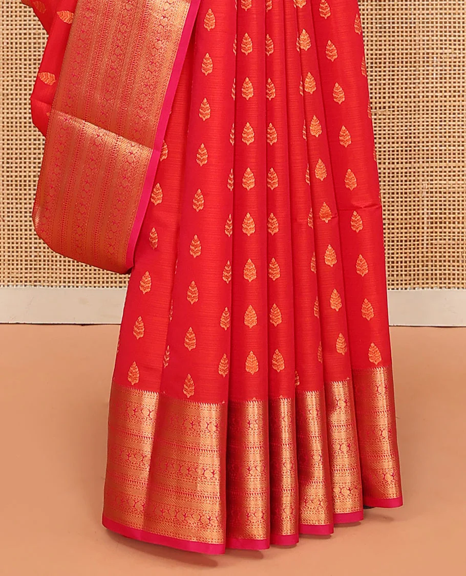 Red Vasundhara Lite Silk Mix Saree Embellished with Zari Buttas, Featuring a Contrast Border with Rekku, Neli, Manga, and Mayil Designs, with the Pallu Mirroring the Same Border Motifs, Paired with a Contrast Blouse - Image 4