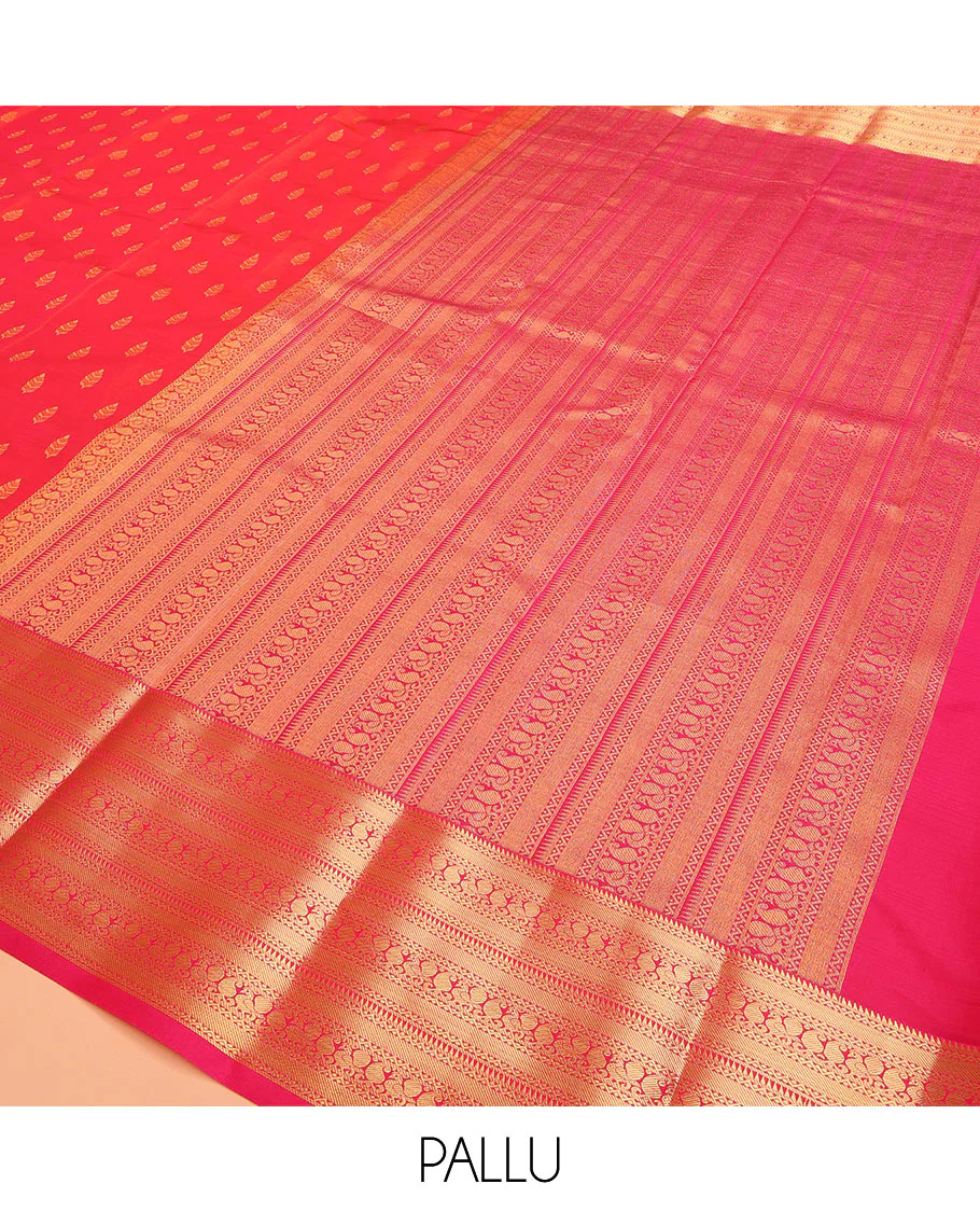 Red Vasundhara Lite Silk Mix Saree Embellished with Zari Buttas, Featuring a Contrast Border with Rekku, Neli, Manga, and Mayil Designs, with the Pallu Mirroring the Same Border Motifs, Paired with a Contrast Blouse - Image 5