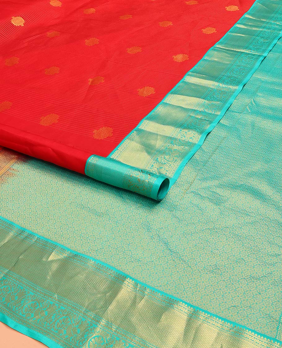 Red Vasundhara Lite Silk Mix Saree Gracefully Embellished with Zari Buttas and Stripes, Complemented with a Contrast Border Featuring Rekku, Banaras, Neli, Mayil Kann, Kodi Visiry, and Mayil Designs, Intricately Decked Up Pallu, and a Contrast Blouse - Image 2