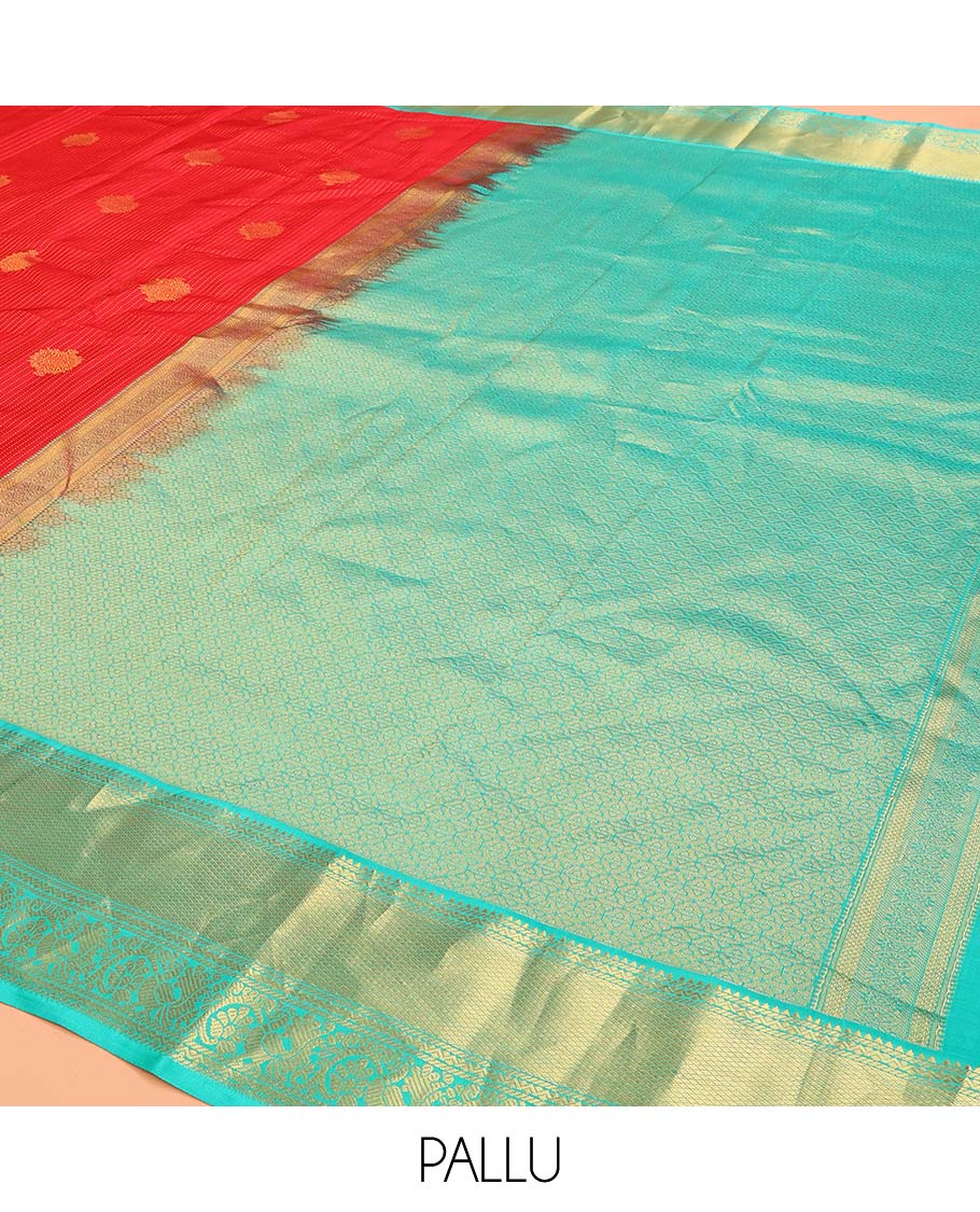 Red Vasundhara Lite Silk Mix Saree Gracefully Embellished with Zari Buttas and Stripes, Complemented with a Contrast Border Featuring Rekku, Banaras, Neli, Mayil Kann, Kodi Visiry, and Mayil Designs, Intricately Decked Up Pallu, and a Contrast Blouse - Image 5