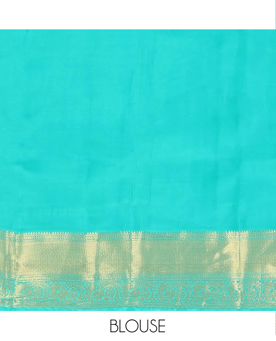 Red Vasundhara Lite Silk Mix Saree Gracefully Embellished with Zari Buttas and Stripes, Complemented with a Contrast Border Featuring Rekku, Banaras, Neli, Mayil Kann, Kodi Visiry, and Mayil Designs, Intricately Decked Up Pallu, and a Contrast Blouse - Image 6