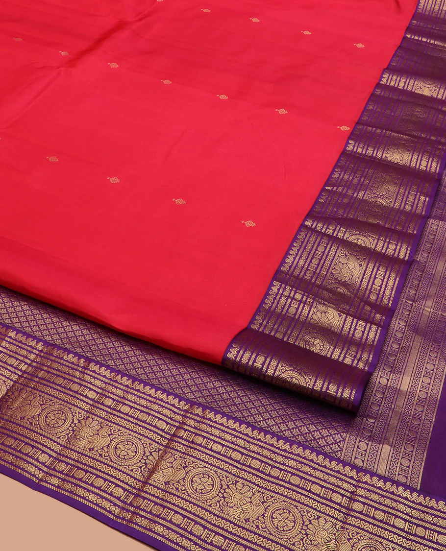 Red Vasundhara Silk Saree Adorned with Zari Buttas, Complemented by a Contrast Border of Thilakam Mokku, Banaras, Rudraksham, Kathir, Cross Neli, and Anna Chakram Designs, Pallu Decked Up with Jaal Designs, and Paired with a Contrast Blouse - Image 2