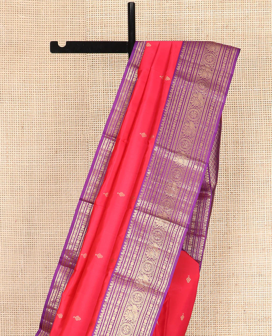 Red Vasundhara Silk Saree Adorned with Zari Buttas, Complemented by a Contrast Border of Thilakam Mokku, Banaras, Rudraksham, Kathir, Cross Neli, and Anna Chakram Designs, Pallu Decked Up with Jaal Designs, and Paired with a Contrast Blouse - Image 3