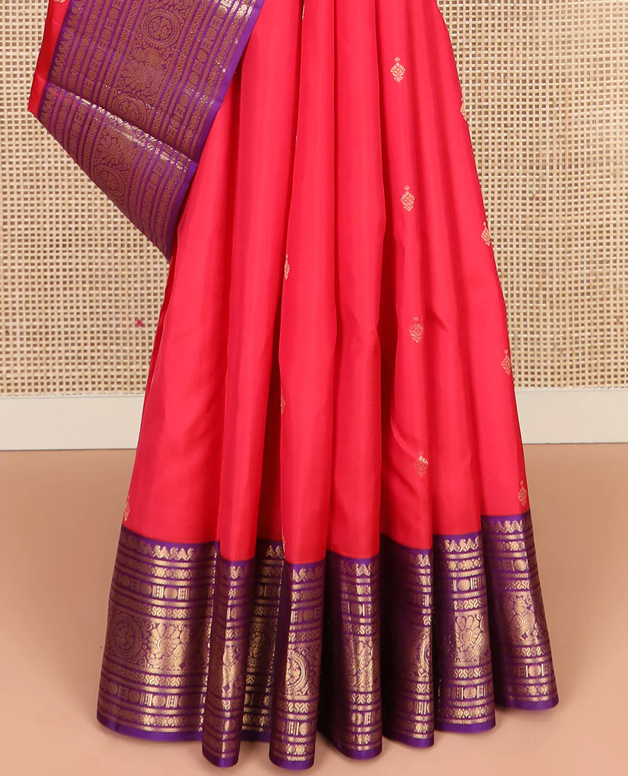 Red Vasundhara Silk Saree Adorned with Zari Buttas, Complemented by a Contrast Border of Thilakam Mokku, Banaras, Rudraksham, Kathir, Cross Neli, and Anna Chakram Designs, Pallu Decked Up with Jaal Designs, and Paired with a Contrast Blouse - Image 4