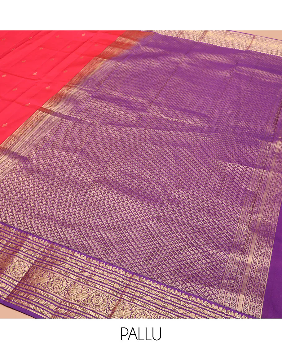 Red Vasundhara Silk Saree Adorned with Zari Buttas, Complemented by a Contrast Border of Thilakam Mokku, Banaras, Rudraksham, Kathir, Cross Neli, and Anna Chakram Designs, Pallu Decked Up with Jaal Designs, and Paired with a Contrast Blouse - Image 5