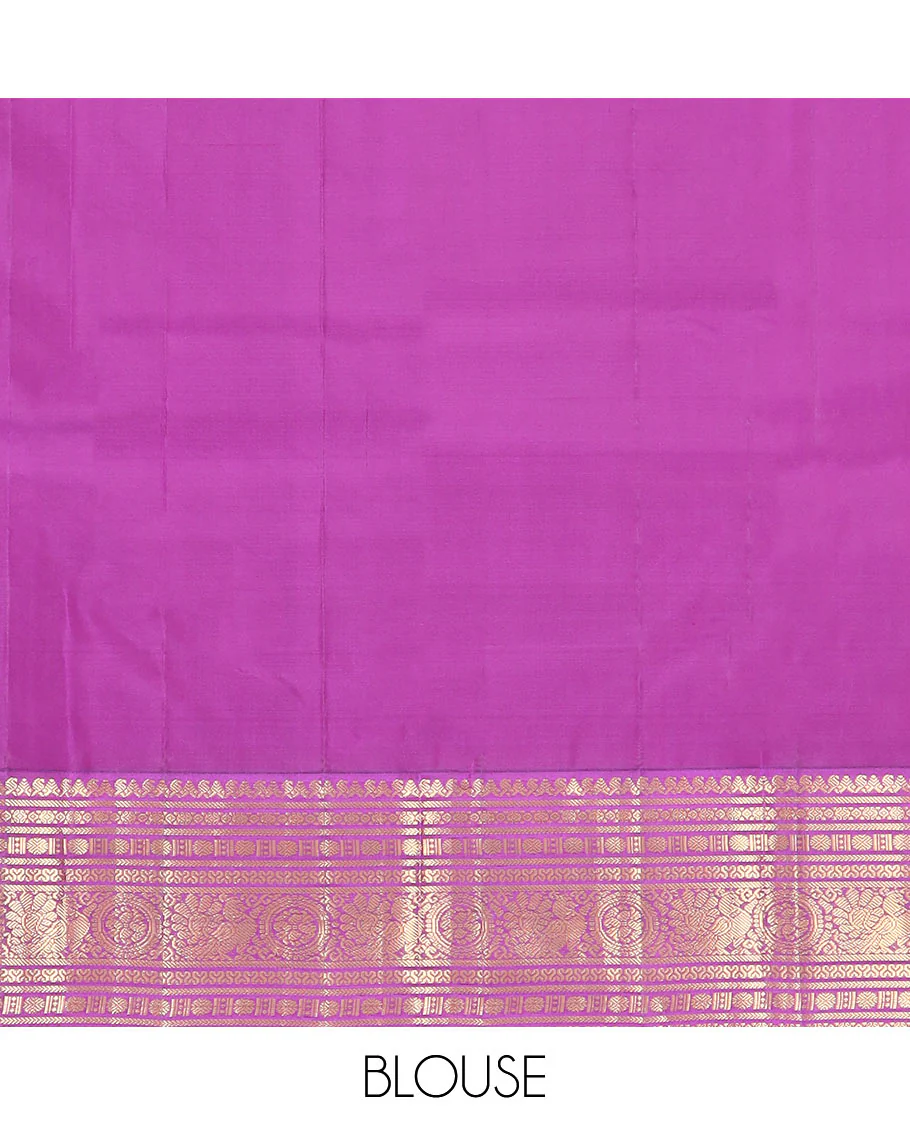 Red Vasundhara Silk Saree Adorned with Zari Buttas, Complemented by a Contrast Border of Thilakam Mokku, Banaras, Rudraksham, Kathir, Cross Neli, and Anna Chakram Designs, Pallu Decked Up with Jaal Designs, and Paired with a Contrast Blouse - Image 6