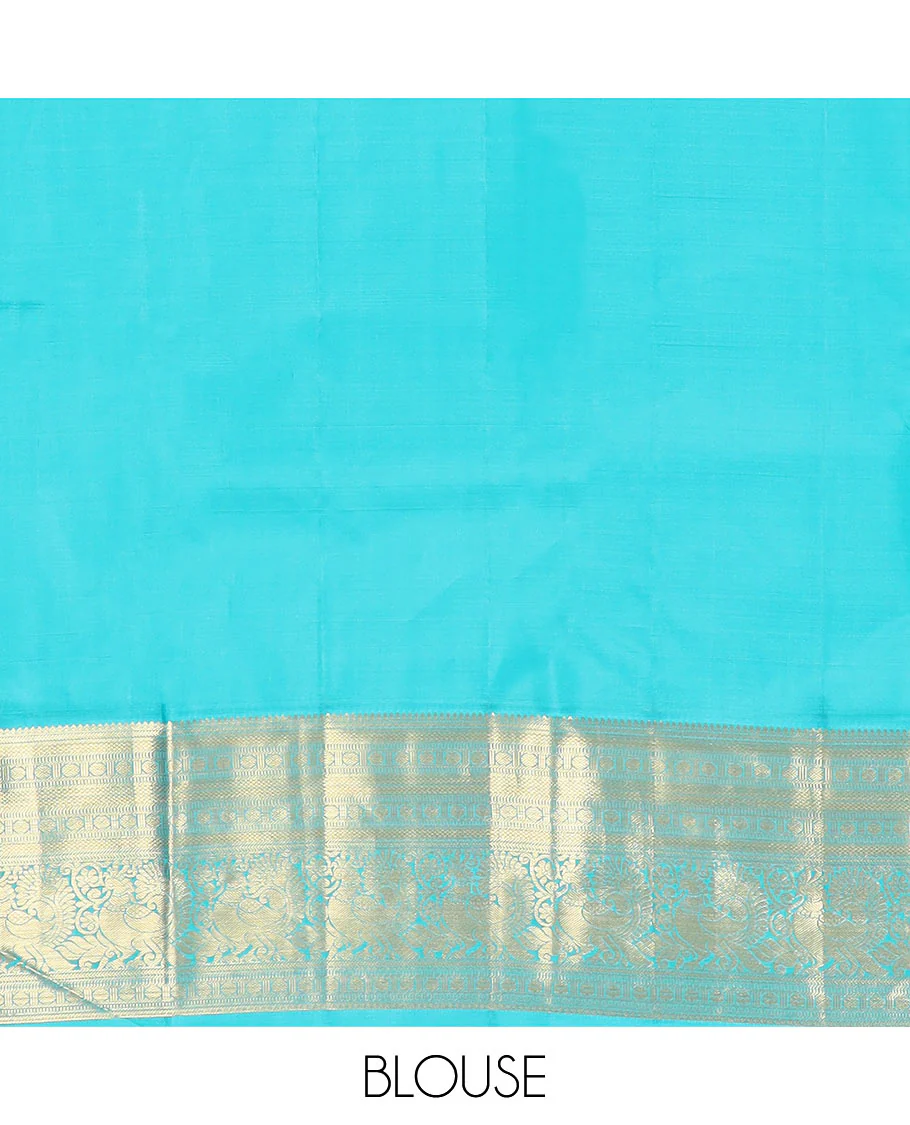 Red Vasundhara Silk Saree, Traditionally Decked up with Navagunjara Buttas, Complemented by a Contrast Border of Rekku, Kathir, Rudraksham, Muthu, and Mayil Designs, Adorned with a Pallu of Jaal Design, and Paired with a Contrast Blouse - Image 6