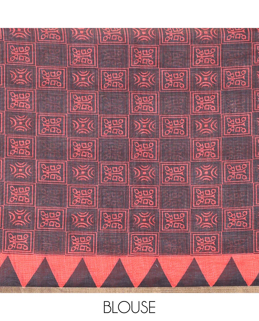 Red vertical stripes printed linen cotton saree, a temple-printed border, big polka dot printed pallu, and a printed blouse - Image 7