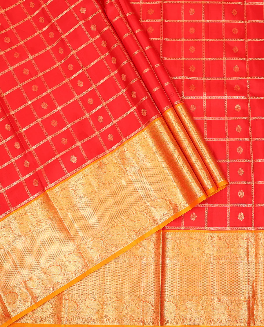 Red zari butta enclosed checked pure-silk half-saree with contrast traditional border of mayil designs, contrast zari bordered blouse, and jaal design dhavani - Image 2