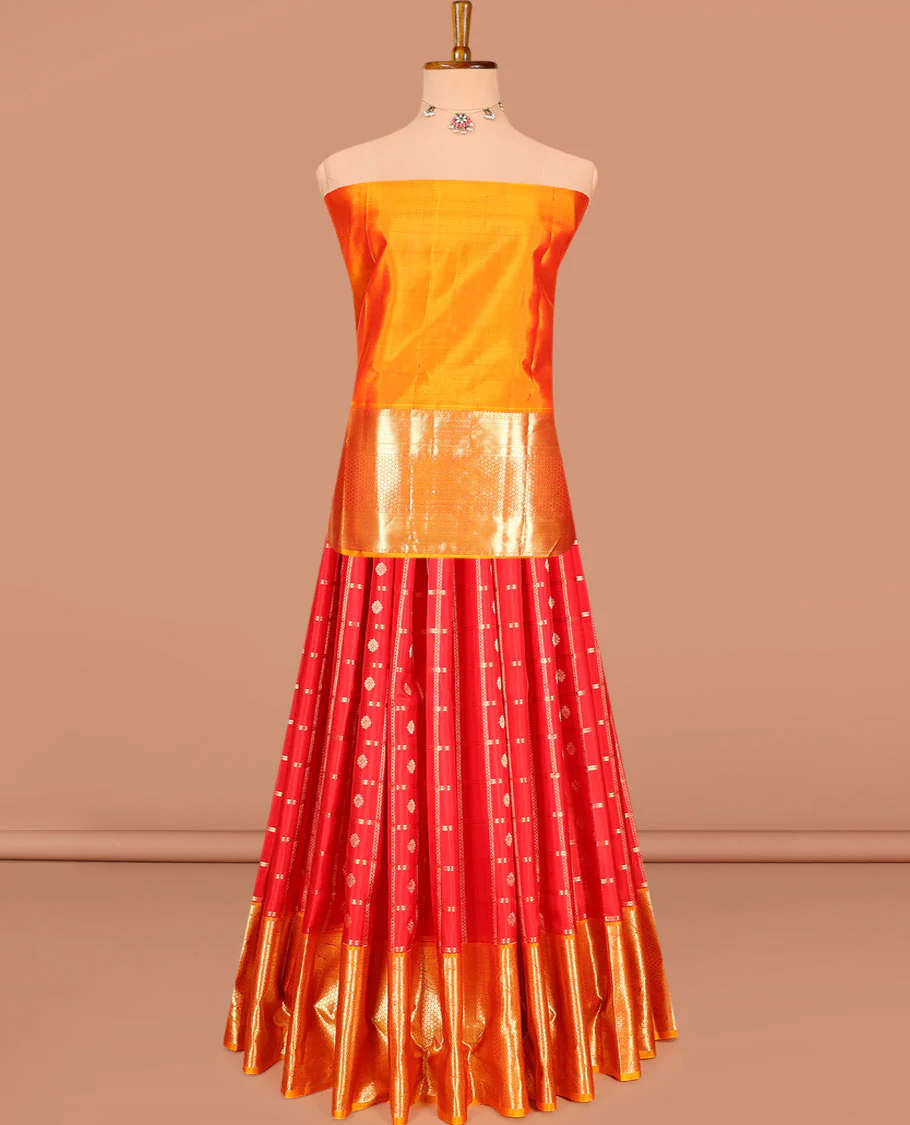 Red zari butta enclosed checked pure-silk half-saree with contrast traditional border of mayil designs, contrast zari bordered blouse, and jaal design dhavani - Image 3