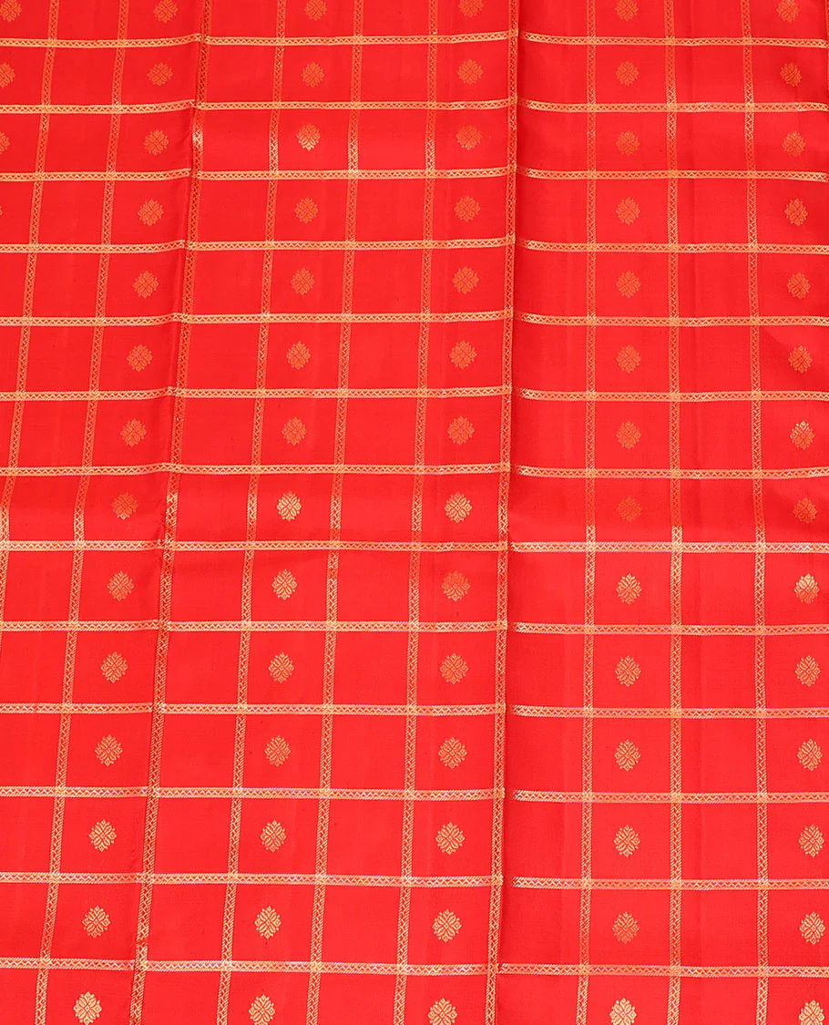 Red zari butta enclosed checked pure-silk half-saree with contrast traditional border of mayil designs, contrast zari bordered blouse, and jaal design dhavani - Image 4